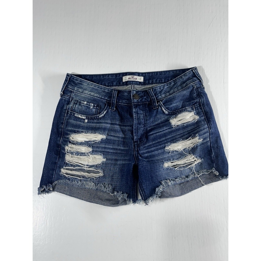 Hollister Distressed Denim Shorts Size 7 Blue Frayed Cutoff Low Rise 28W